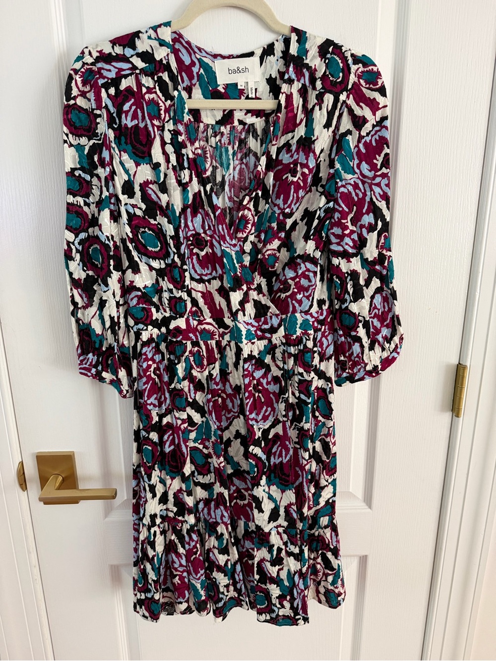 ba&sh Floral Tiered Long-Sleeve Dress in Purple, Teal and Black